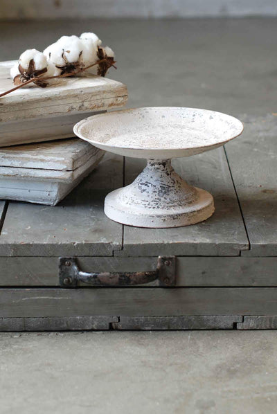 The Kinley White Distressed Metal Pedestal Stand,Farmhouse candle stand~shabby chic decor~small tray stand~Cottage decor