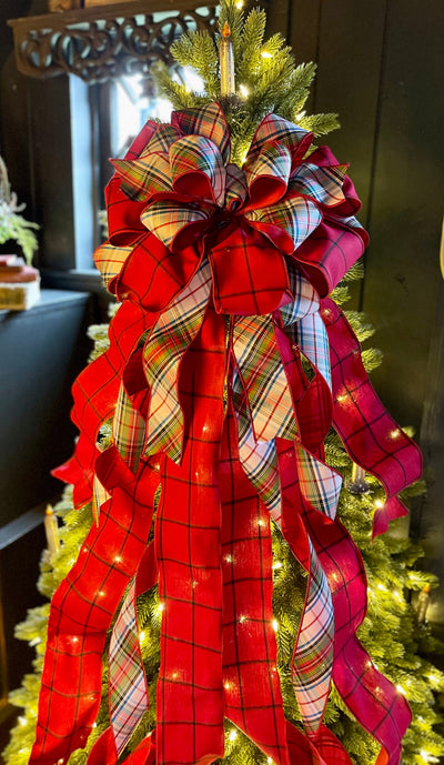 The Adeline Red & Navy Scottish Plaid Christmas Tree Topper Bow