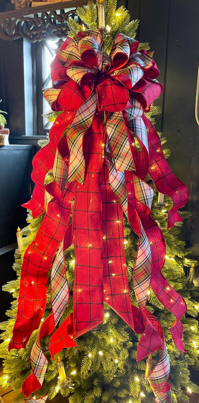 The Adeline Red & Navy Scottish Plaid Christmas Tree Topper Bow