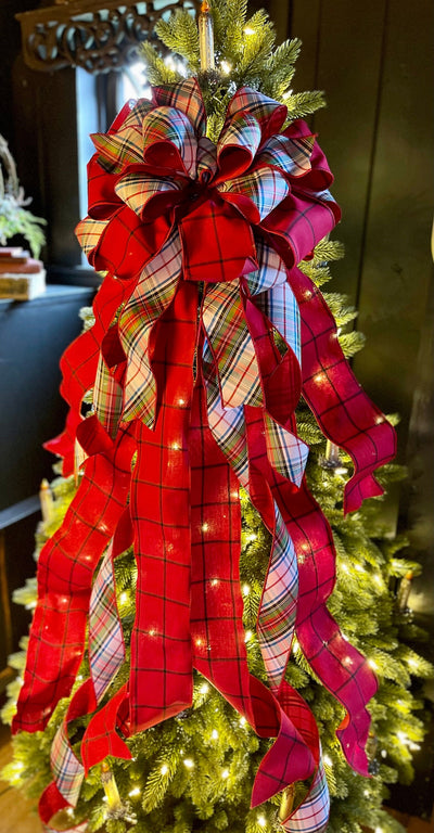 The Adeline Red & Navy Scottish Plaid Christmas Tree Topper Bow