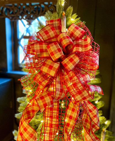 The Annie Red Tan & Green Country Christmas Tree Topper Bow