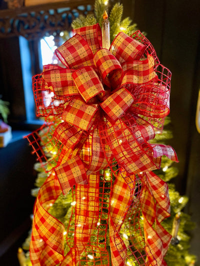 The Annie Red Tan & Green Country Christmas Tree Topper Bow