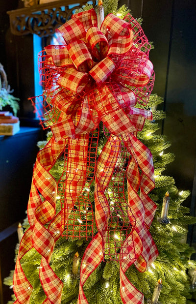 The Annie Red Tan & Green Country Christmas Tree Topper Bow