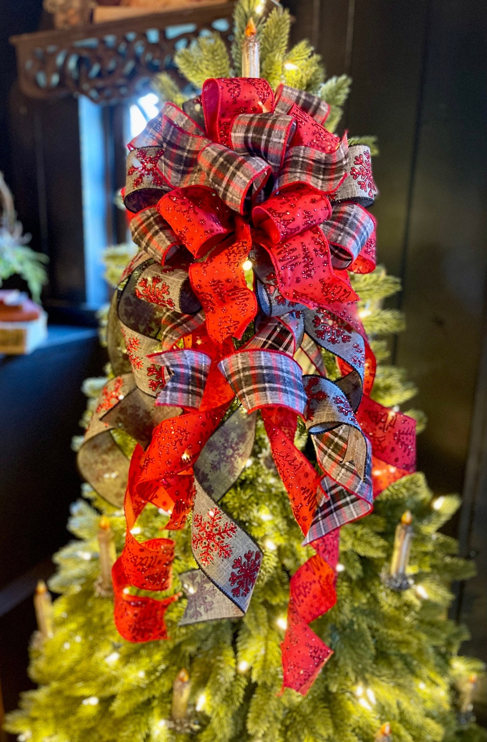 The Oksana Red & Gray Snowflake Christmas Tree Topper Bow