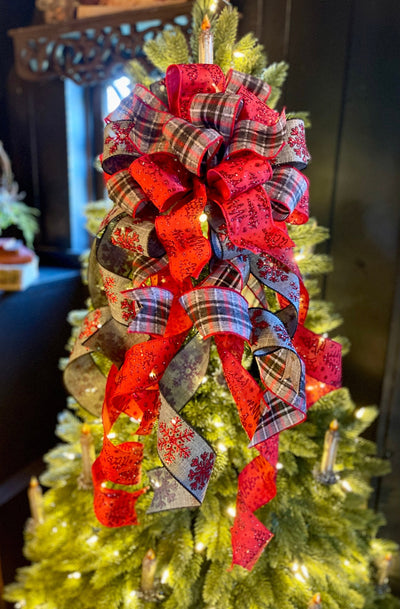 The Oksana Red & Gray Snowflake Christmas Tree Topper Bow