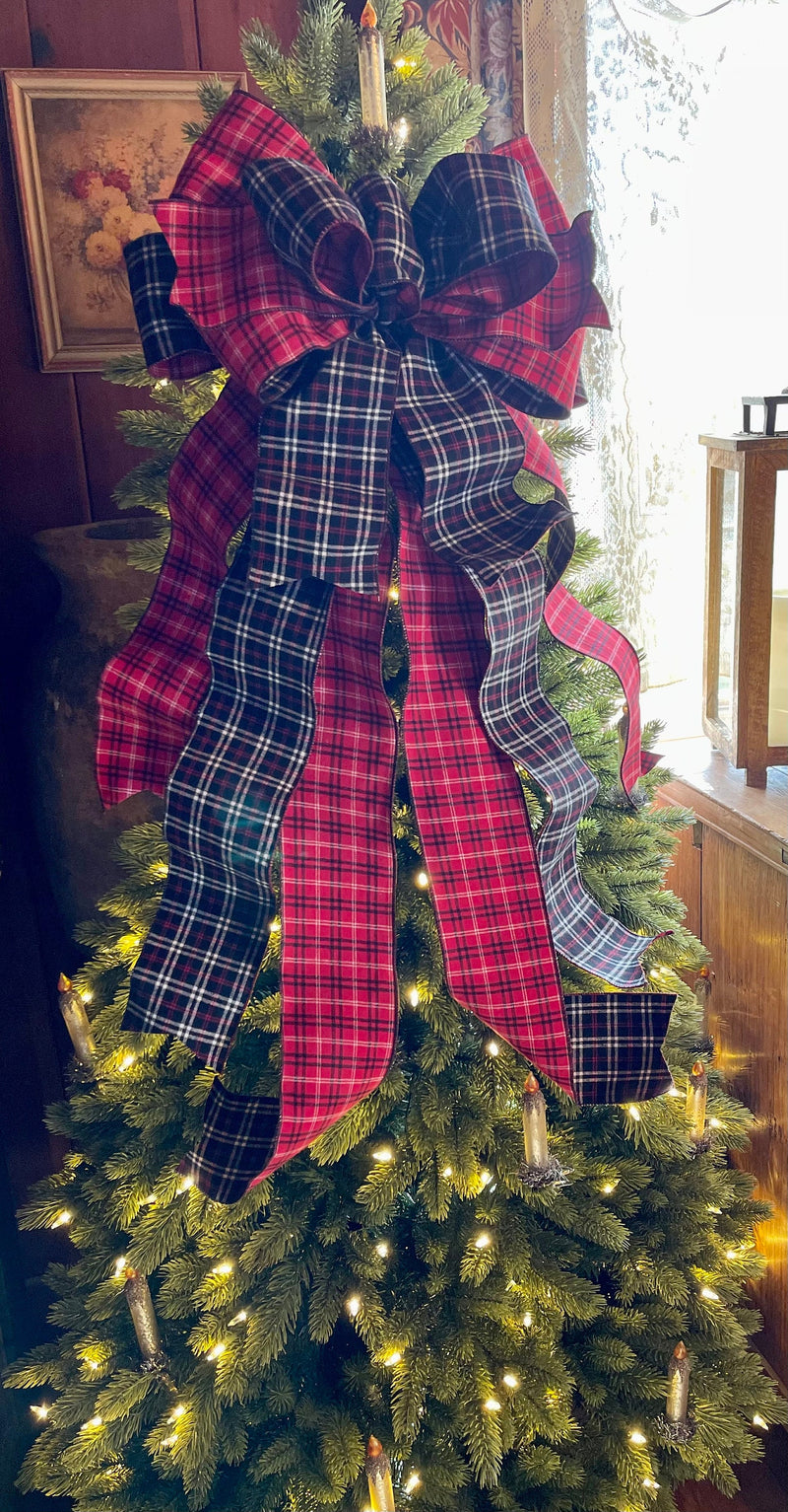 The Lauren Black White & Red plaid Christmas Tree Topper Bow