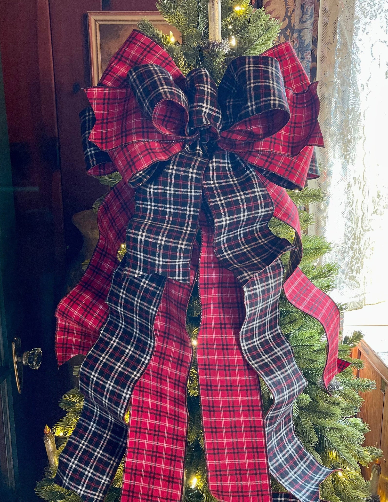 The Lauren Black White & Red plaid Christmas Tree Topper Bow