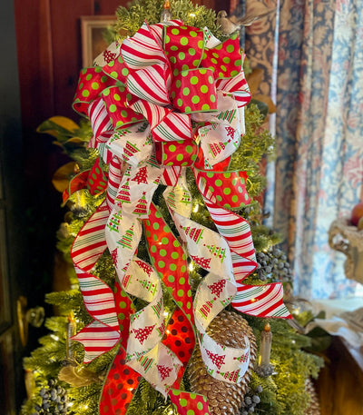 The Loretta Red Green & White Christmas Tree Topper Bow