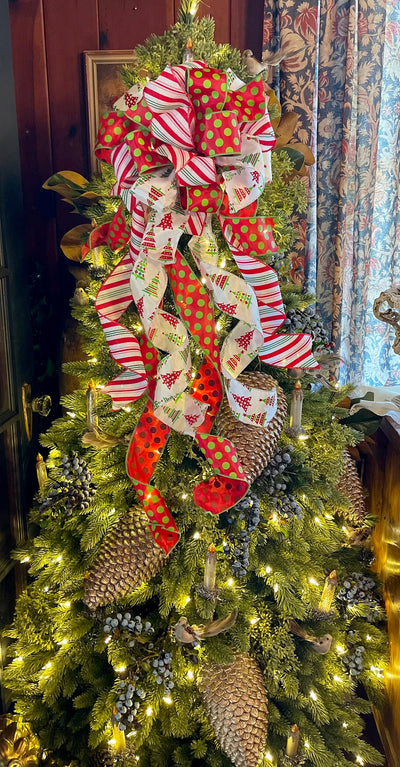 The Loretta Red Green & White Christmas Tree Topper Bow