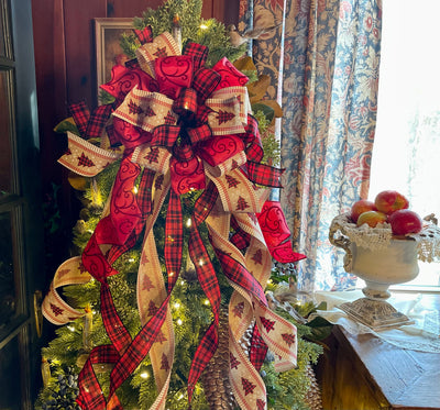 The Brooke Red Black & Tan Christmas Tree Topper Bow