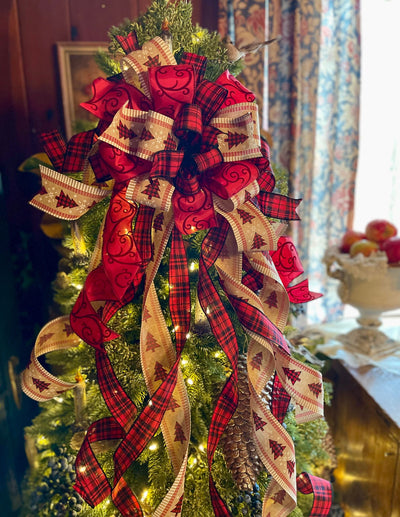 The Brooke Red Black & Tan Christmas Tree Topper Bow