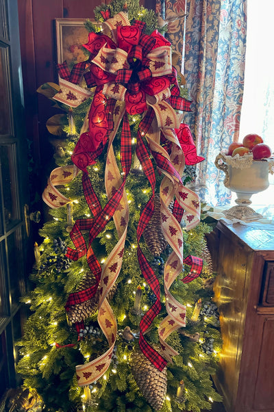 The Brooke Red Black & Tan Christmas Tree Topper Bow