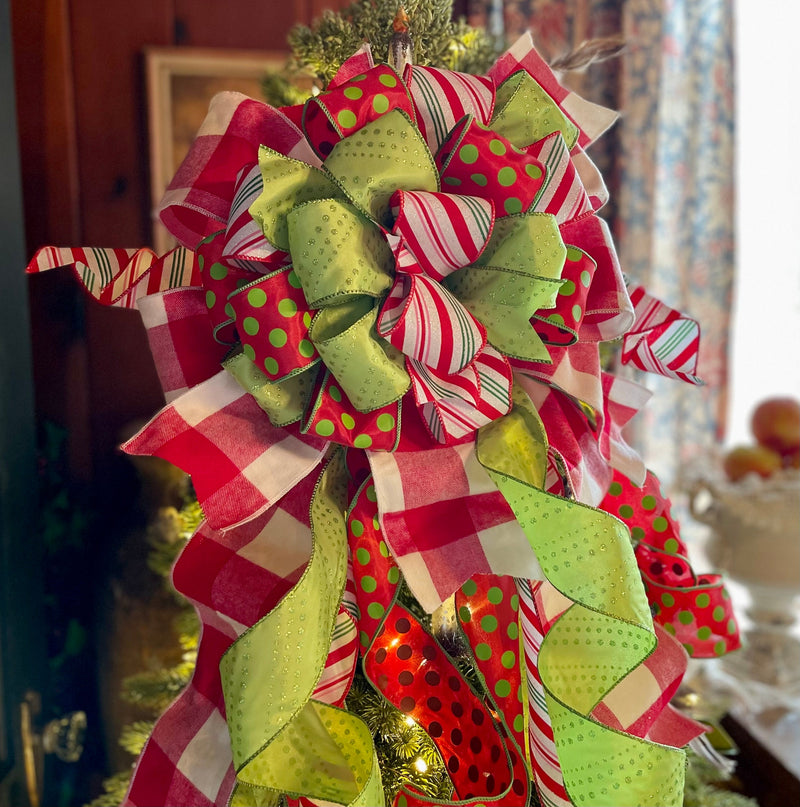 The Melinda Red & Green Whimsical Christmas Tree Topper Bow