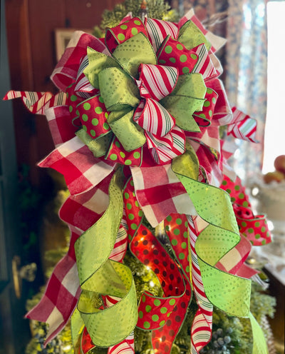 The Melinda red lime green Christmas Tree Topper Bow
