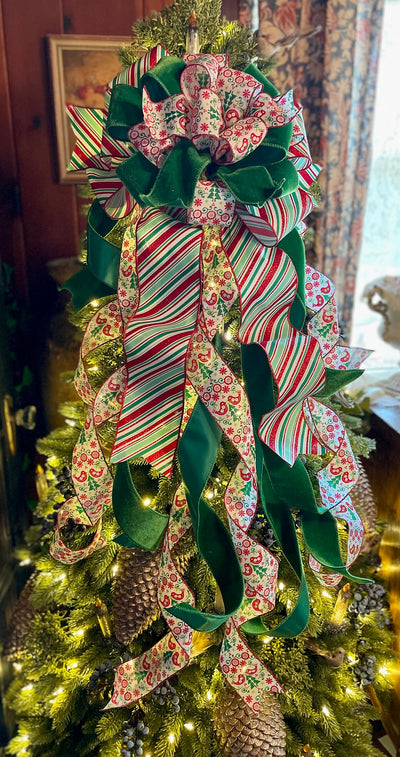 The Greta Red Green & White Christmas Tree Topper Bow