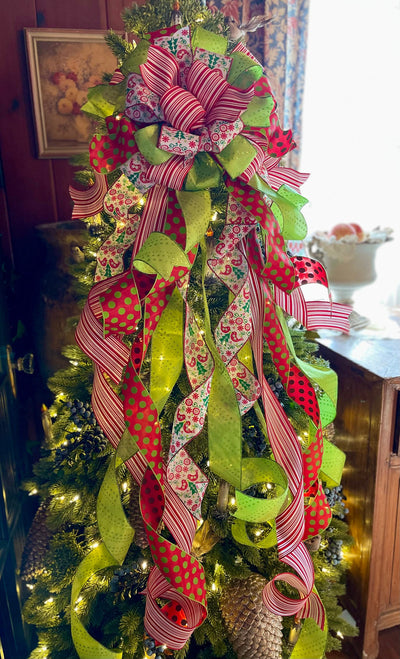 The Sicilia Red Green & White Christmas Tree Topper Bow