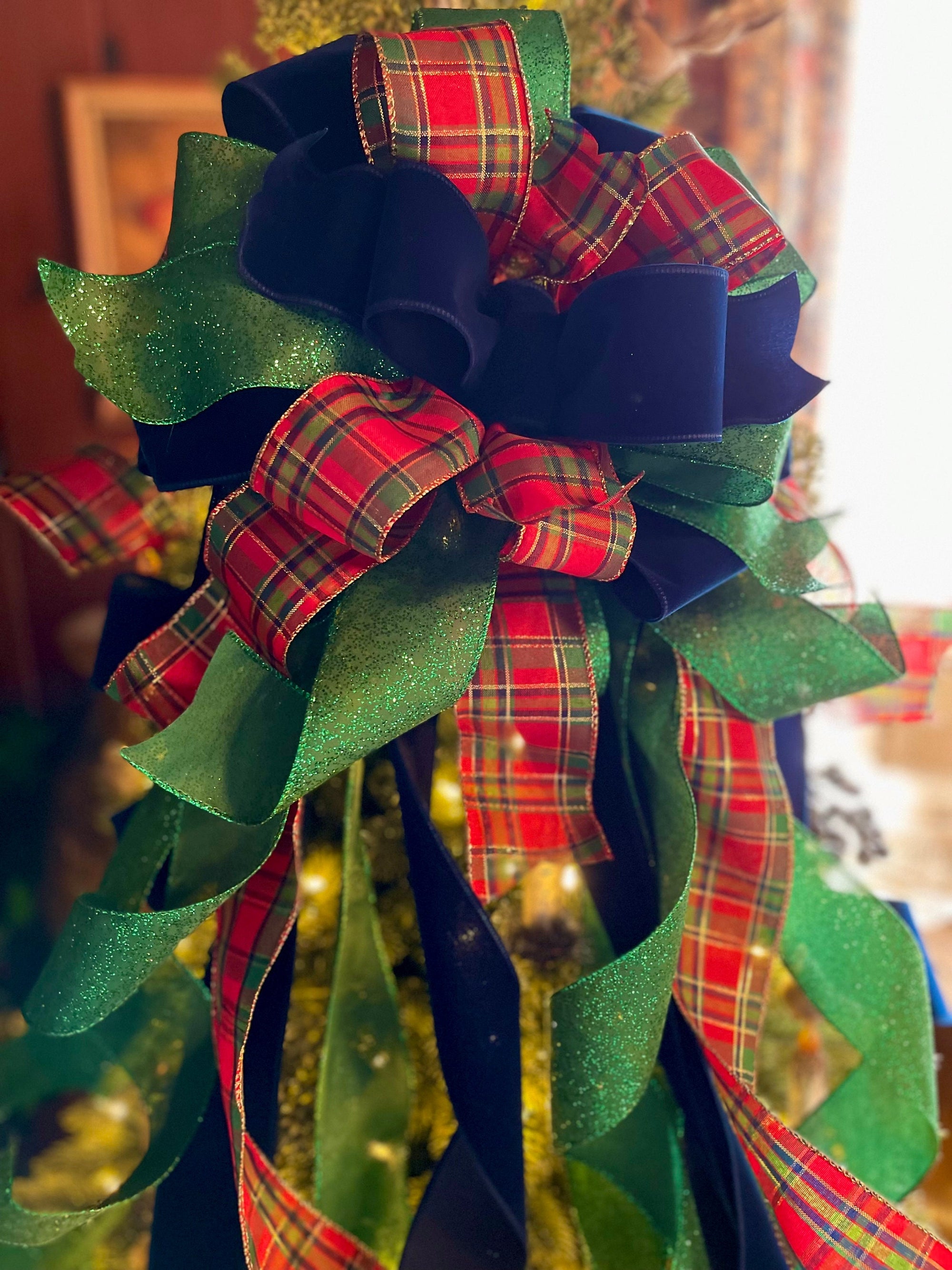 The Anka Red Emerald Green & Navy Velvet Christmas Tree Topper Bow