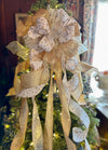 The Eliza White & Gold Christmas Tree Topper Bow~Bow for wreaths~Xmas bow for lantern~large bow~long streamer bow~mailbox decor