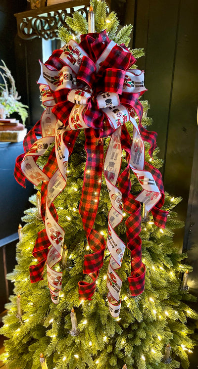 The Claus Red Black & Grey buffalo check Christmas Tree Topper Bow