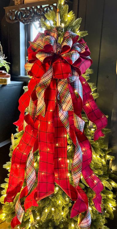 The Adeline Red & Navy Scottish Plaid Christmas Tree Topper Bow