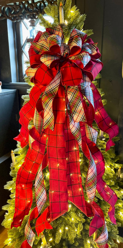 The Adeline Red & Navy Scottish Plaid Christmas Tree Topper Bow