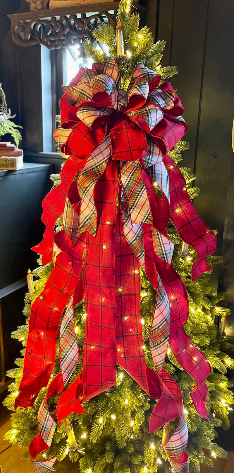 The Adeline Red & Navy Scottish Plaid Christmas Tree Topper Bow