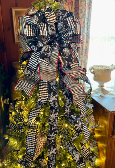 The Agnes Black & White Check Christmas Tree Topper Bow