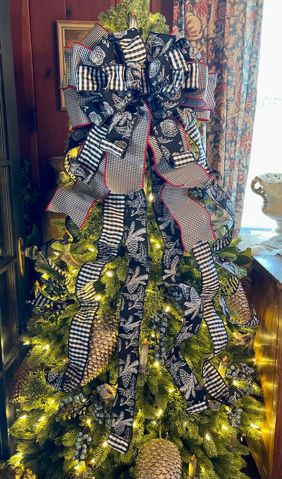 The Agnes Black & White Check Christmas Tree Topper Bow