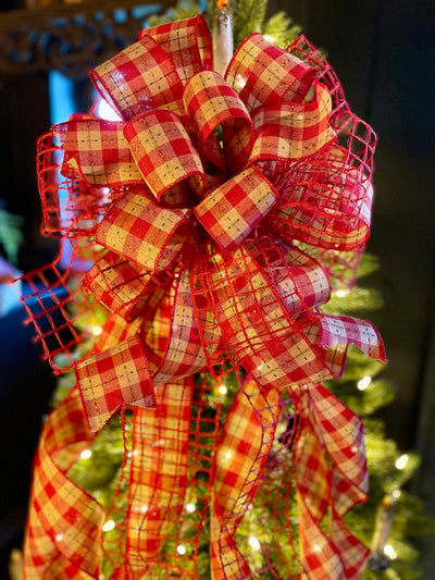 The Annie Red Tan & Green Country Christmas Tree Topper Bow