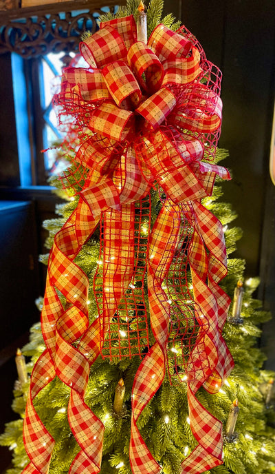 The Annie Red Tan & Green Country Christmas Tree Topper Bow