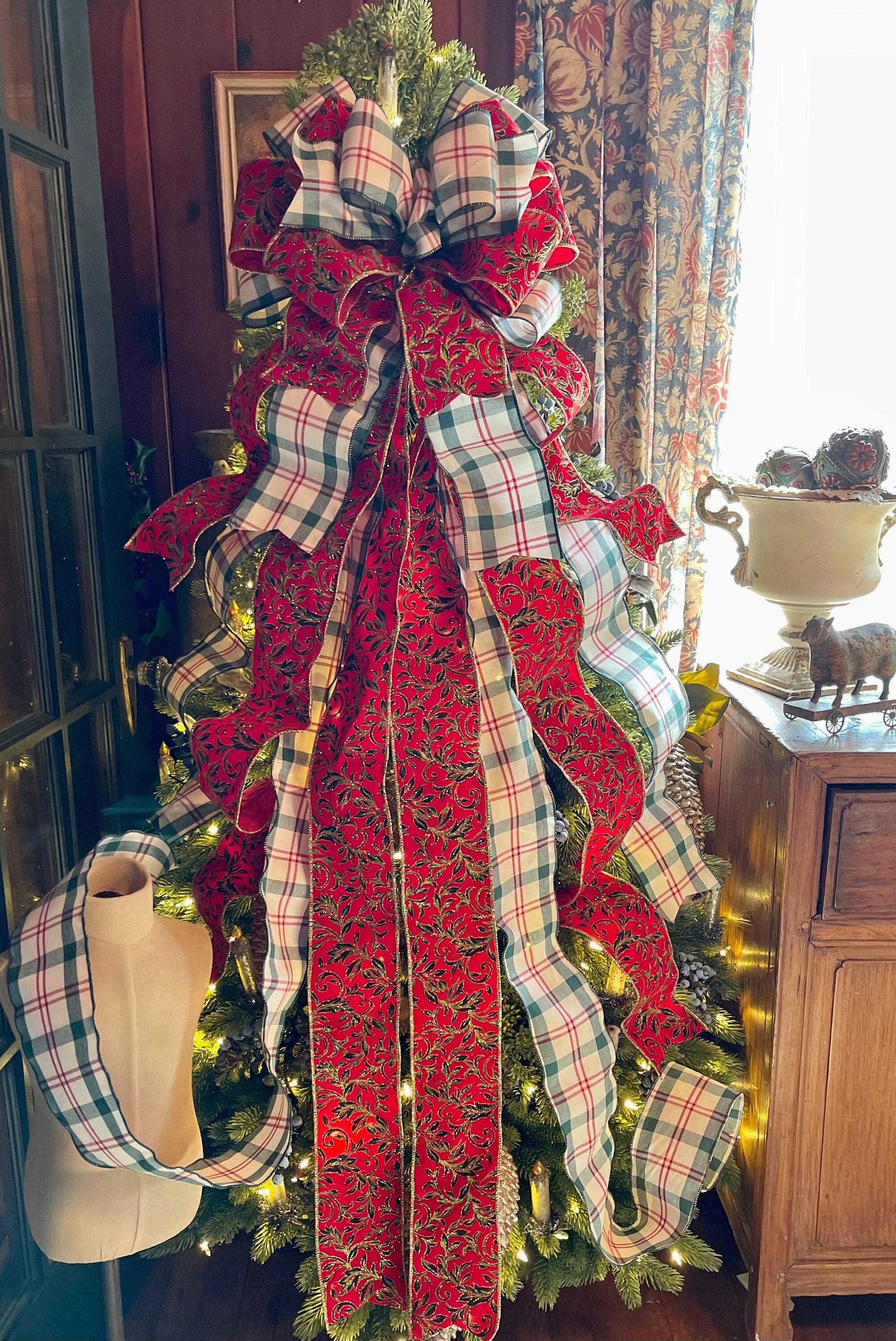 The Ophelia Red Green & Cream Plaid Christmas Tree Topper Bow