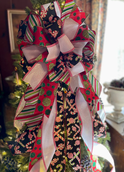 The Betsy Red Black Green & White Christmas Tree Topper Bow