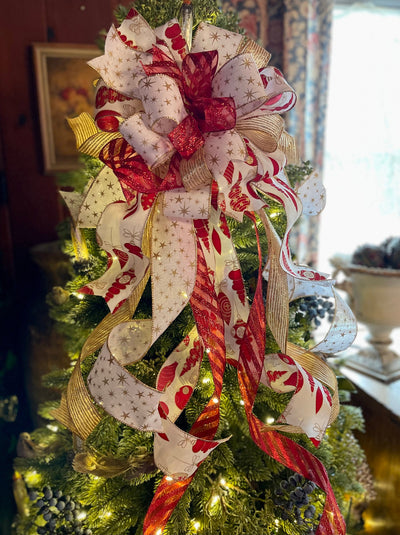 The Marietta Red White & Gold Christmas Tree Topper Bow