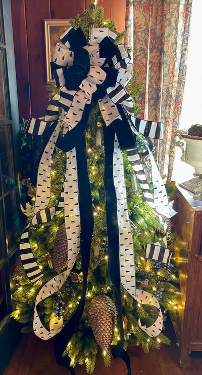 The Delia White & Black Christmas Tree Topper Bow