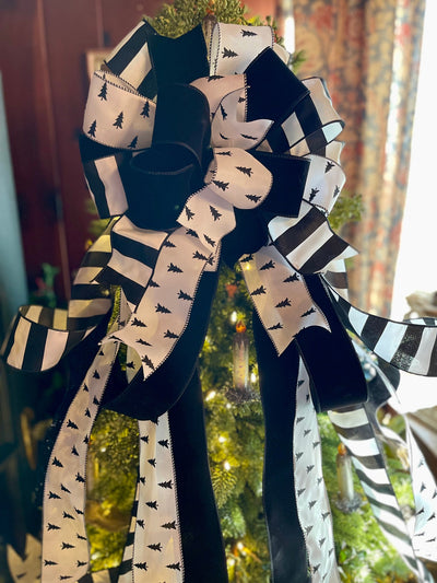 The Delia White & Black Christmas Tree Topper Bow