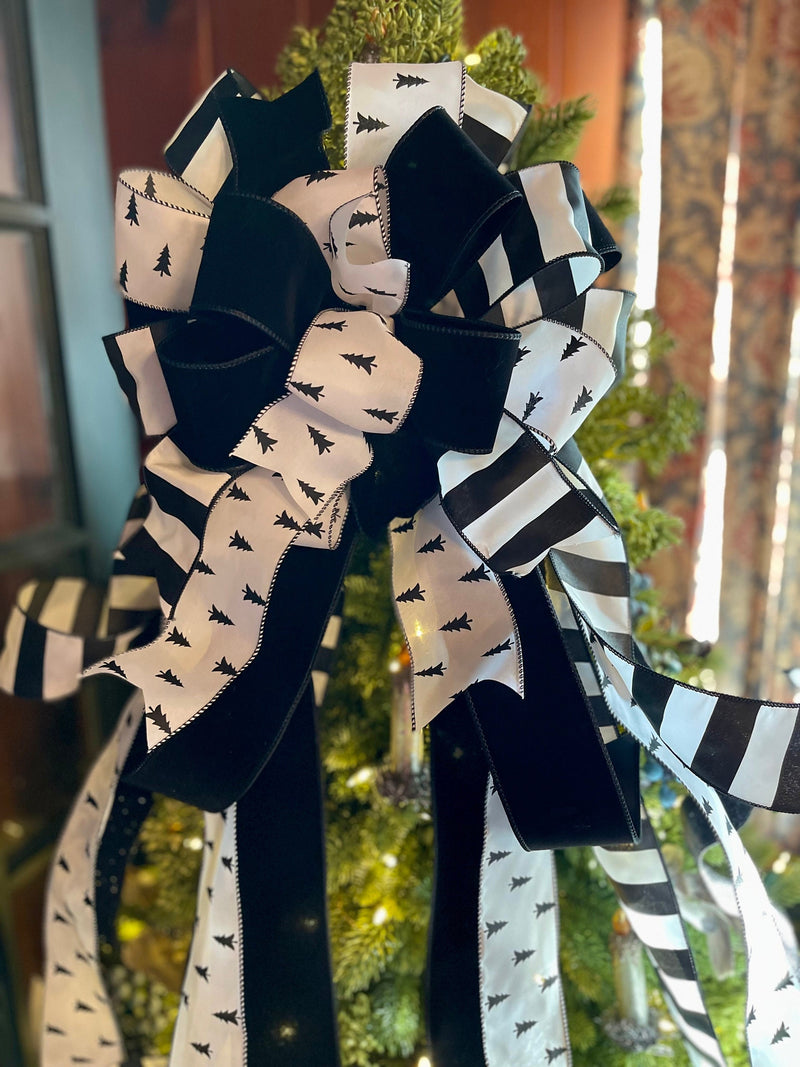 The Delia White & Black Christmas Tree Topper Bow