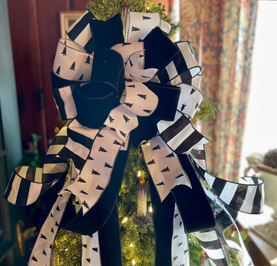 The Delia White & Black Christmas Tree Topper Bow