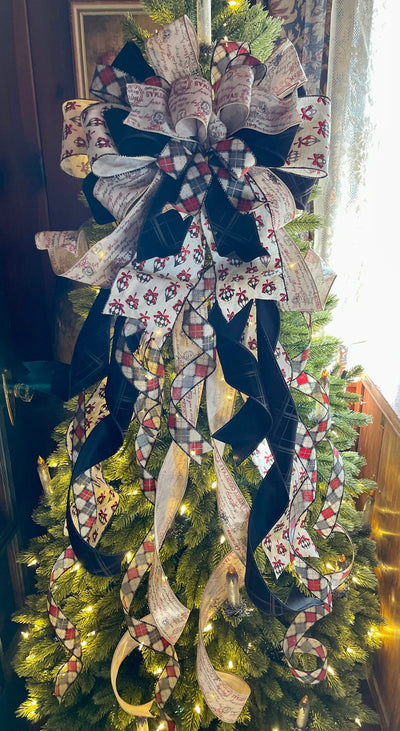 The Laurent Black Red & Beige Christmas Tree Topper Bow