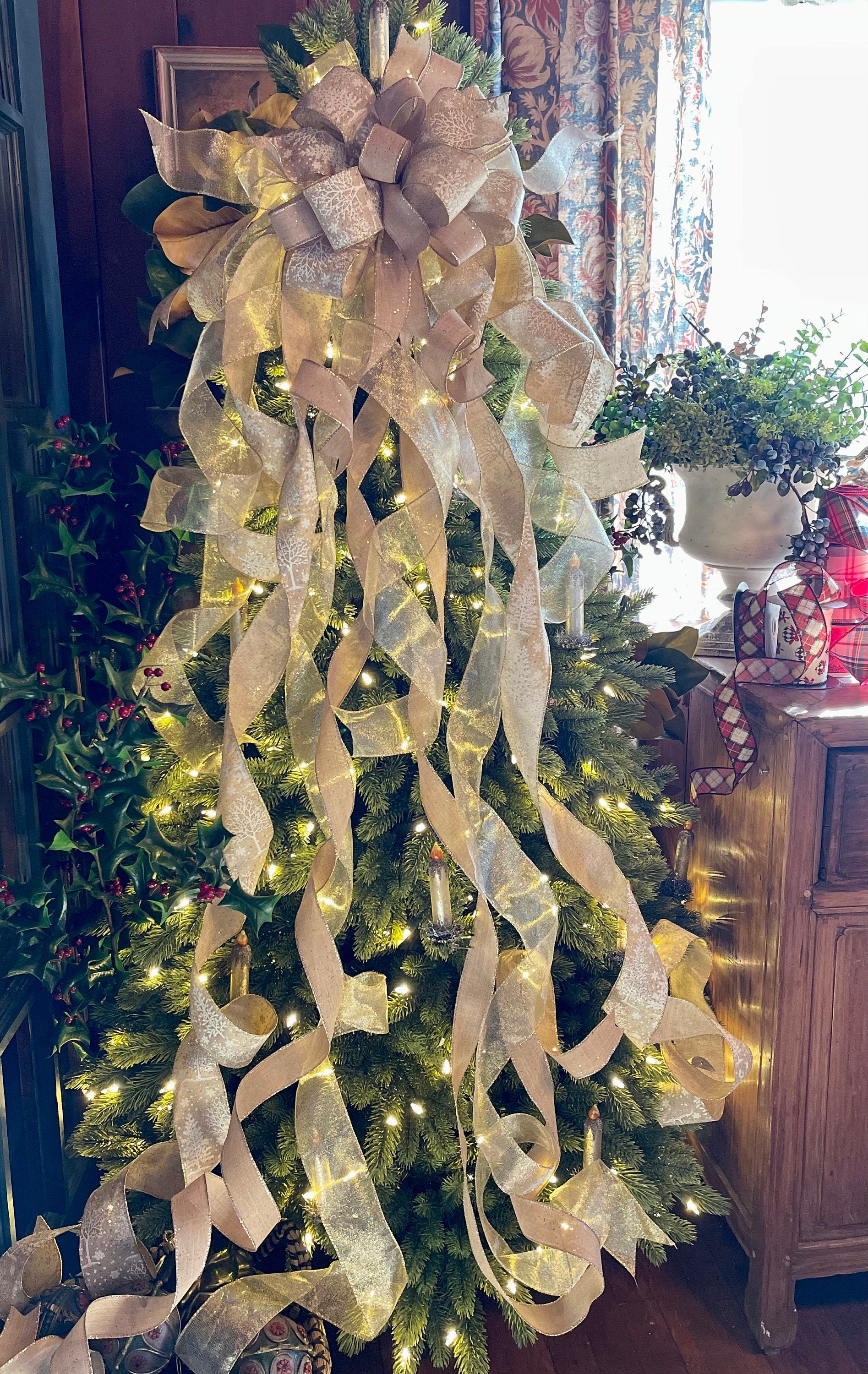 The Julianne Gold & white XXXL Christmas Tree Topper Bow - Crested