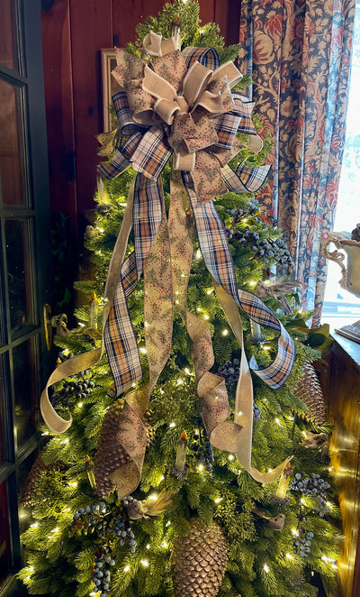 The Nora Beige & Navy Plaid Christmas Tree Topper Bow