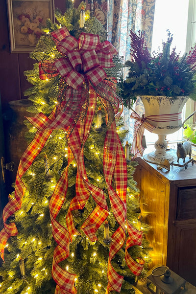 The Fannie Red Tan & Green Country Christmas Tree Topper Bow