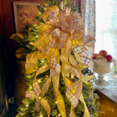 The Blitzen White & Gold Christmas Tree Topper Bow~Bow for wreaths~Xmas bow for lantern~large bow~long streamer bow~mailbox decor