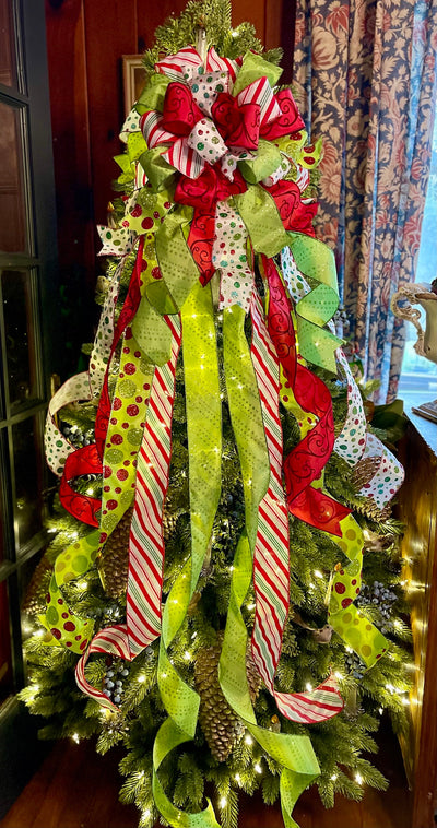 The Betty Lou Red Pink & Lime Green Whimsical Christmas Tree Topper Bow