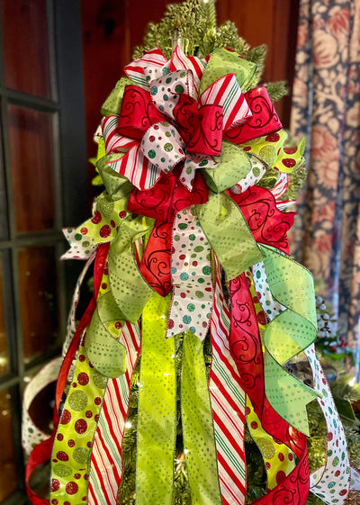 The Betty Lou Red Pink & Lime Green Whimsical Christmas Tree Topper Bow