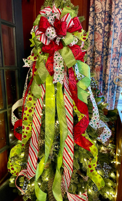 The Betty Lou Red Pink & Lime Green Whimsical Christmas Tree Topper Bow