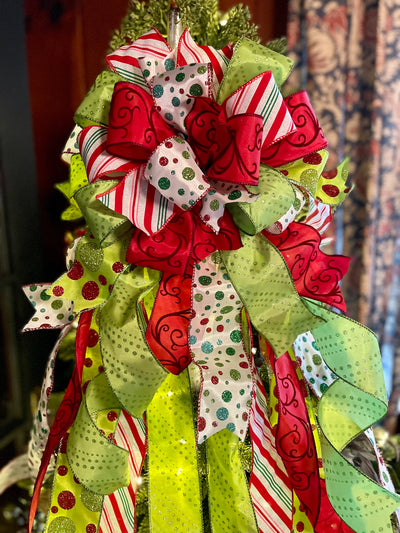 The Betty Lou Red Pink & Lime Green Whimsical Christmas Tree Topper Bow