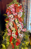 The Loretta Red Green & White Christmas Tree Topper Bow