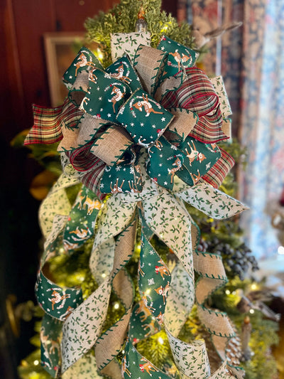 The Bambi Burgundy Green & White Christmas Tree Topper Bow