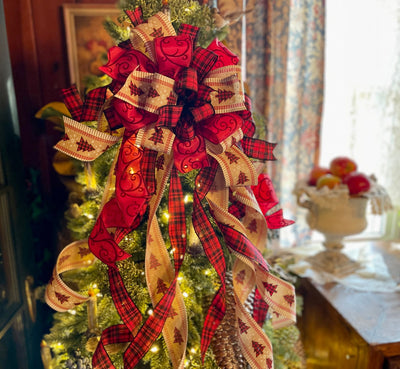 The Brooke Red Black & Tan Christmas Tree Topper Bow