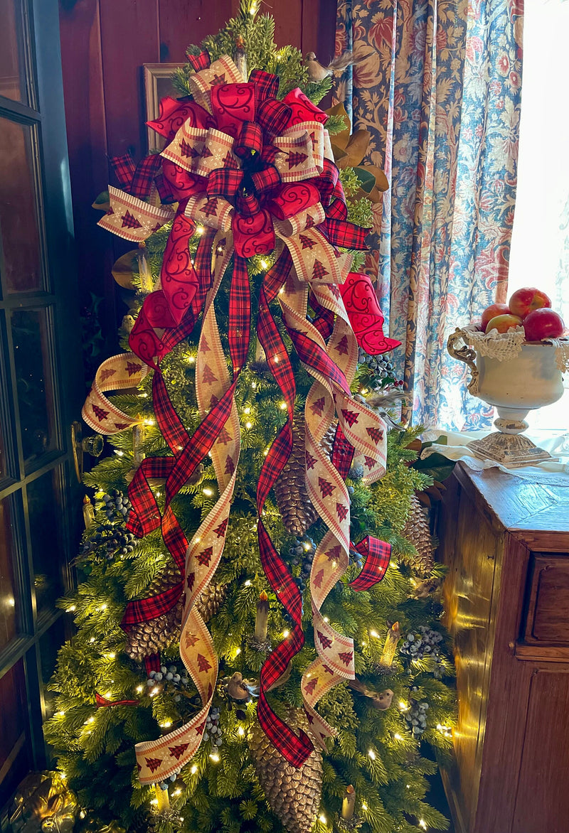 The Brooke Red Black & Tan Christmas Tree Topper Bow